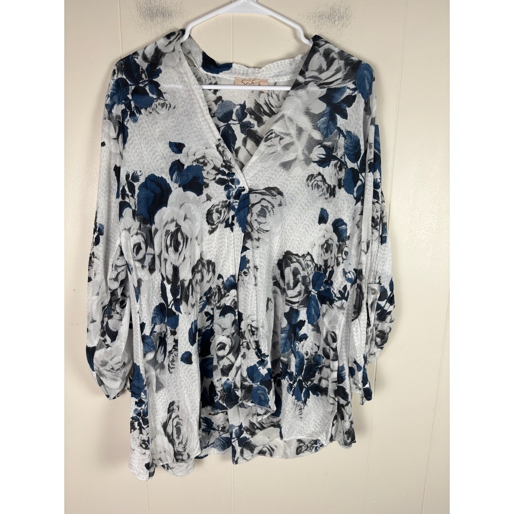 Sofia Made in Italy Floral Tunic Top 3/4 Sleeve V‎ Neck White Blue Women's
